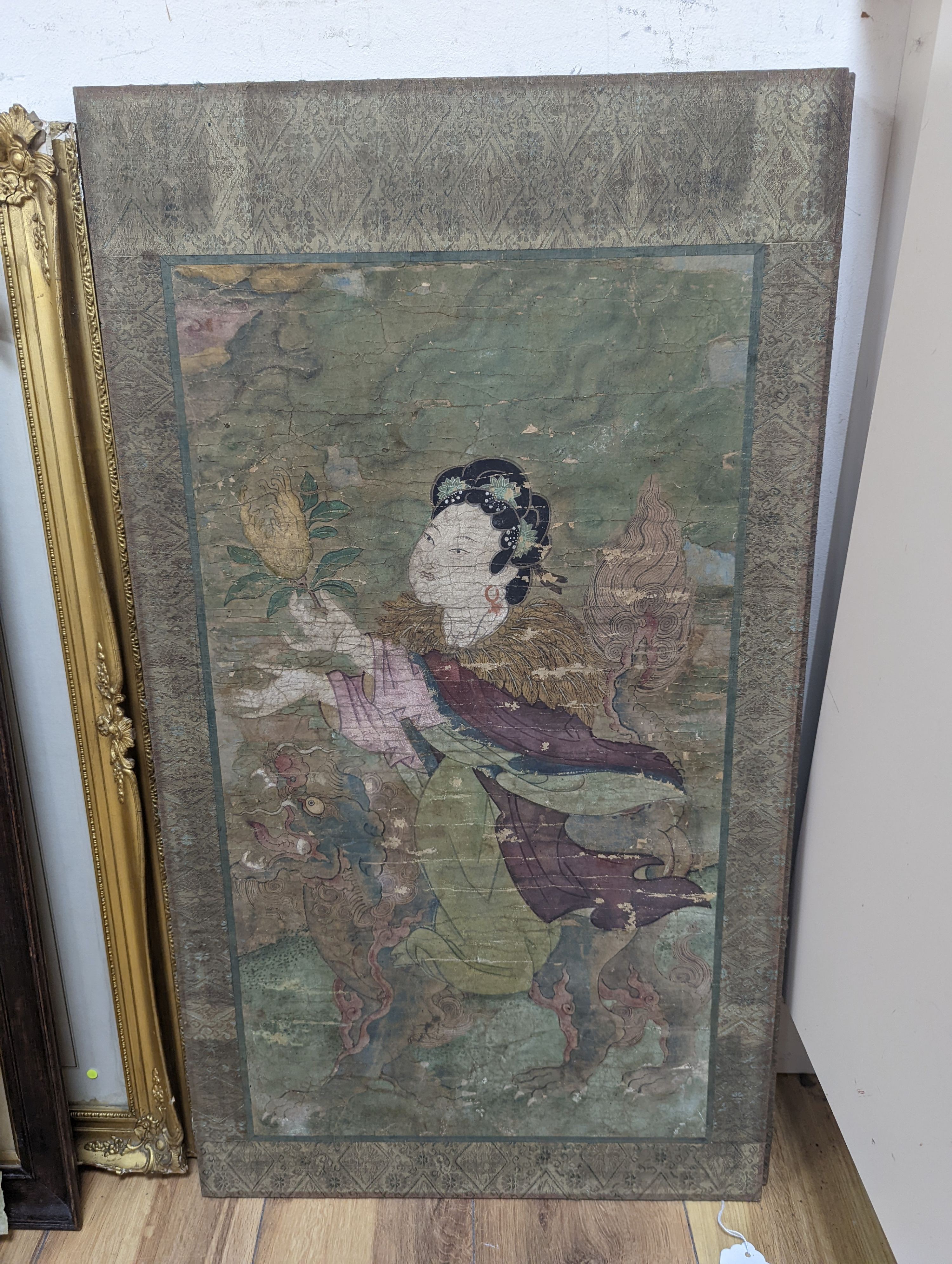 Four paintings in the Ming style with mythical beasts, 43cms x 76cms high.
